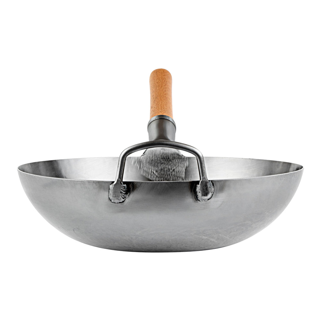 Motomori 13 1/2" Carbon Steel Flat Bottom Wok / Stir Fry Pan - Hand Hammered, with Wooden Handle - 1 count box