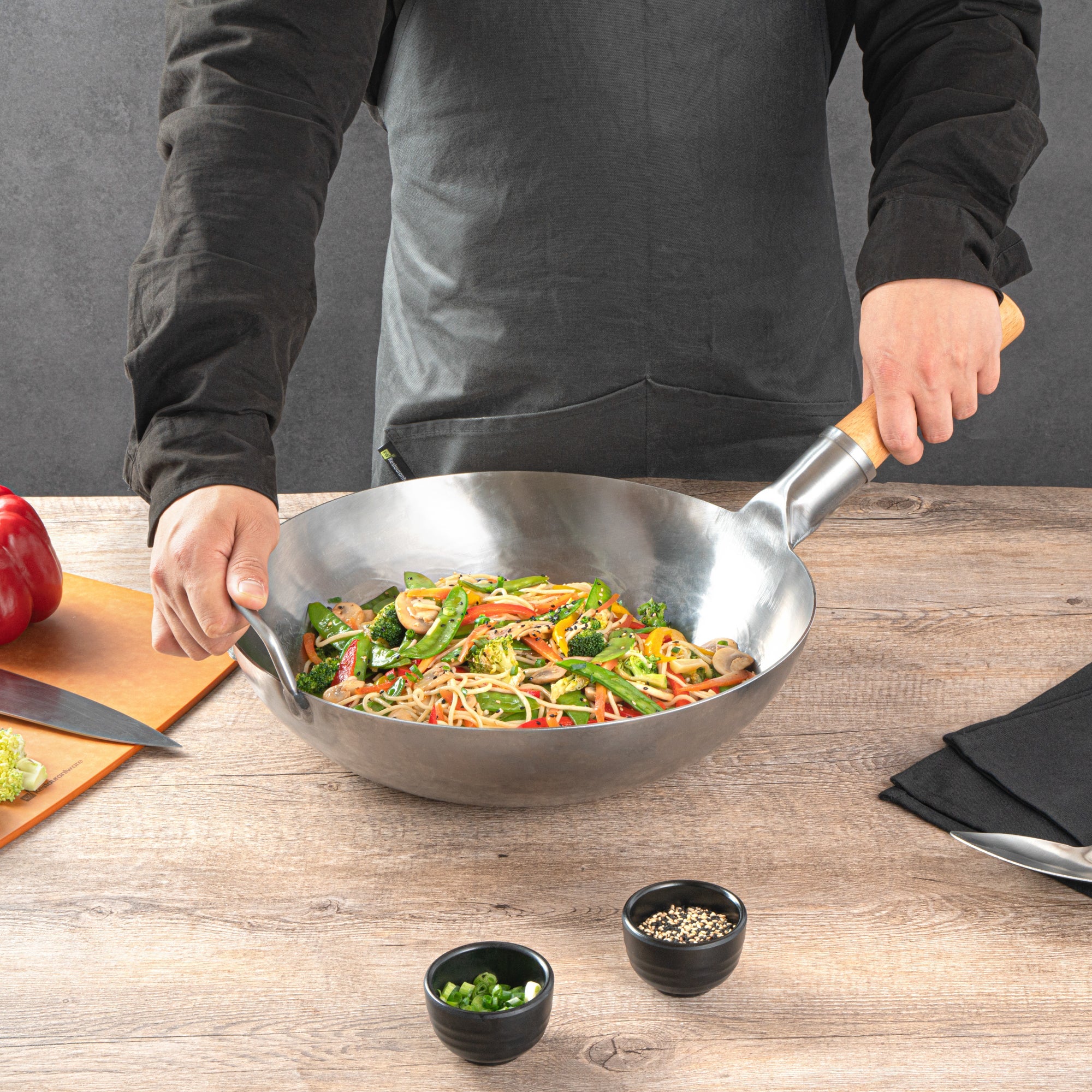 Motomori 13 1/2" Carbon Steel Flat Bottom Wok / Stir Fry Pan - Hand Hammered, with Wooden Handle - 1 count box