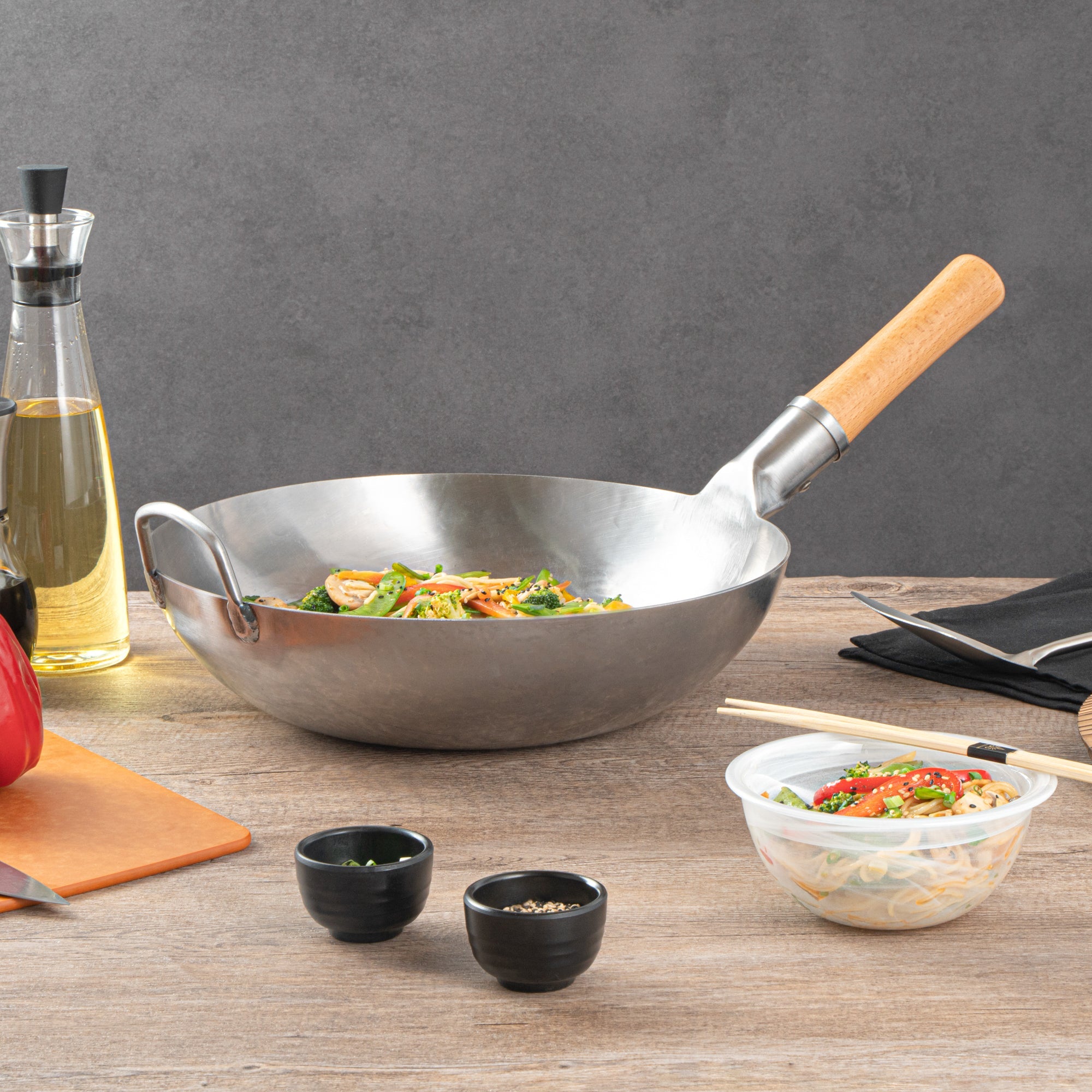 Motomori 13 1/2" Carbon Steel Flat Bottom Wok / Stir Fry Pan - Hand Hammered, with Wooden Handle - 1 count box