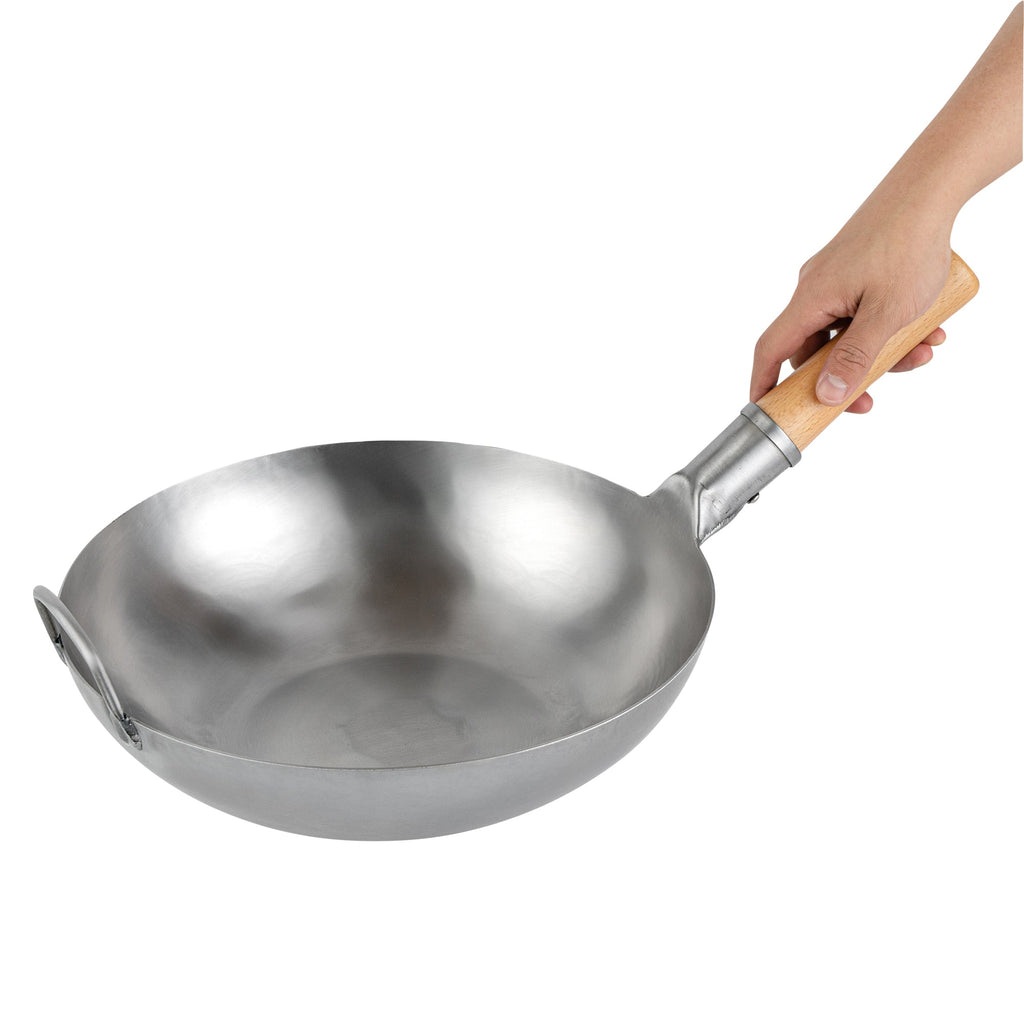 Motomori 13 1/2" Carbon Steel Flat Bottom Wok / Stir Fry Pan - Hand Hammered, with Wooden Handle - 10 count box