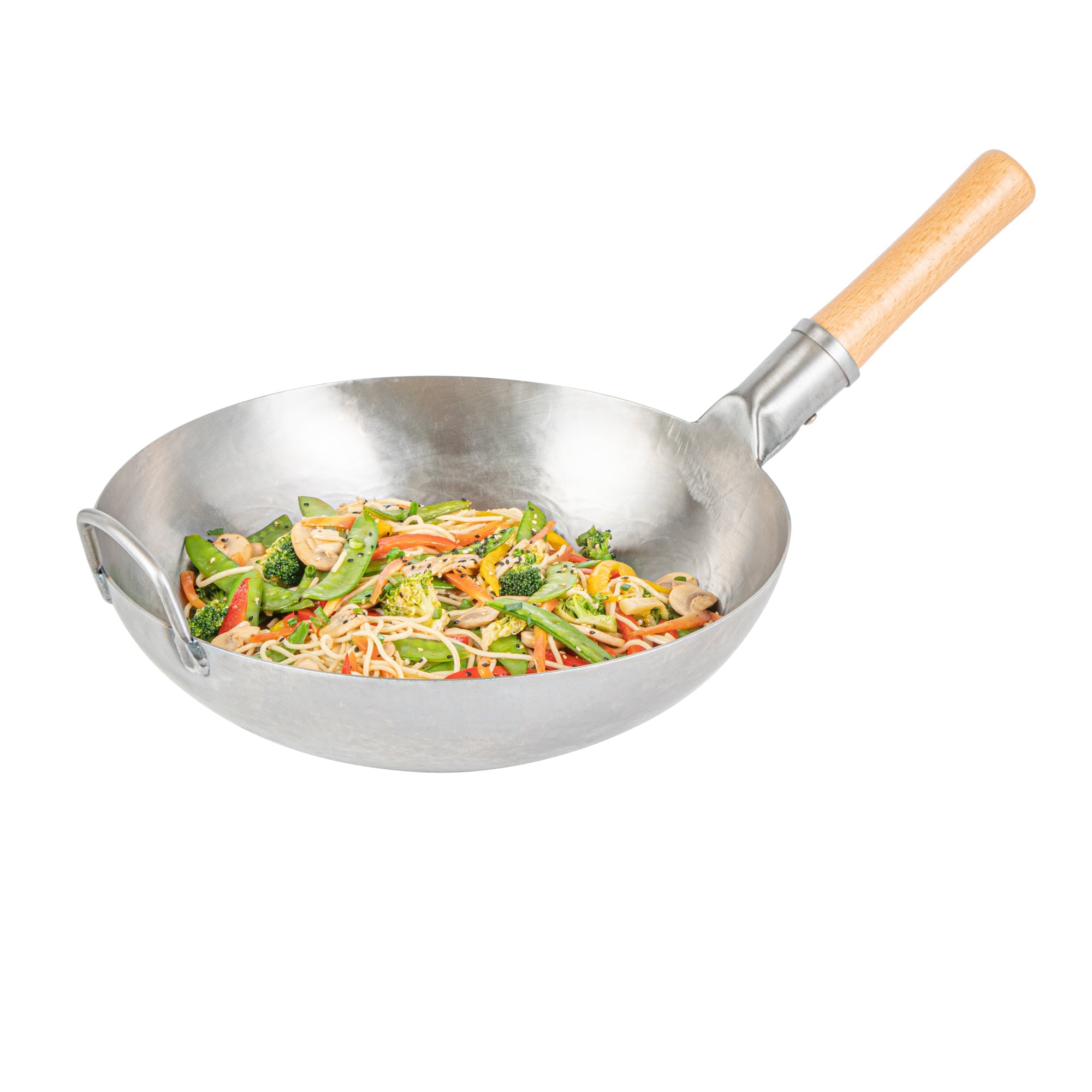 Motomori 13 1/2" Carbon Steel Flat Bottom Wok / Stir Fry Pan - Hand Hammered, with Wooden Handle - 10 count box