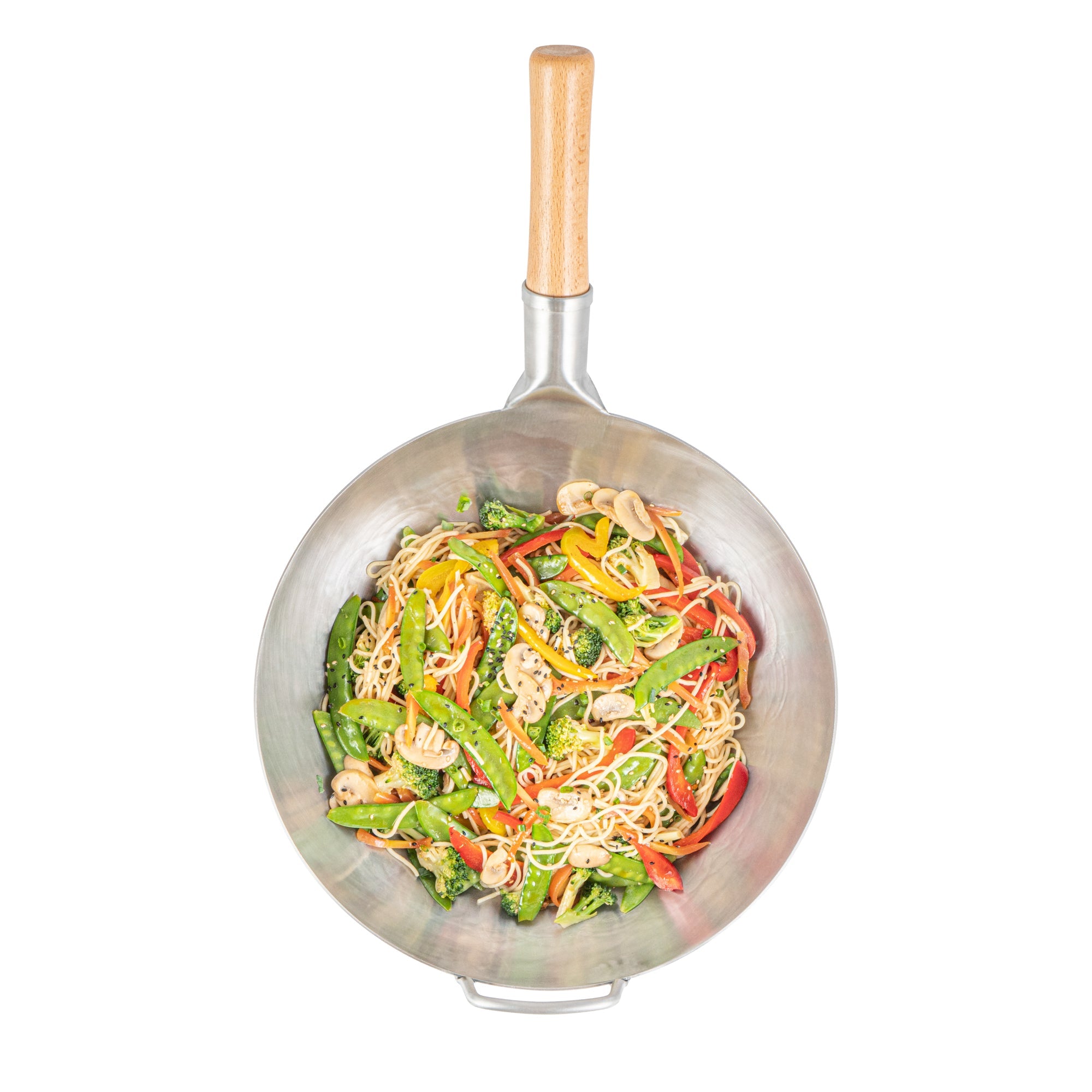 Motomori 13 1/2" Carbon Steel Flat Bottom Wok / Stir Fry Pan - Hand Hammered, with Wooden Handle - 10 count box