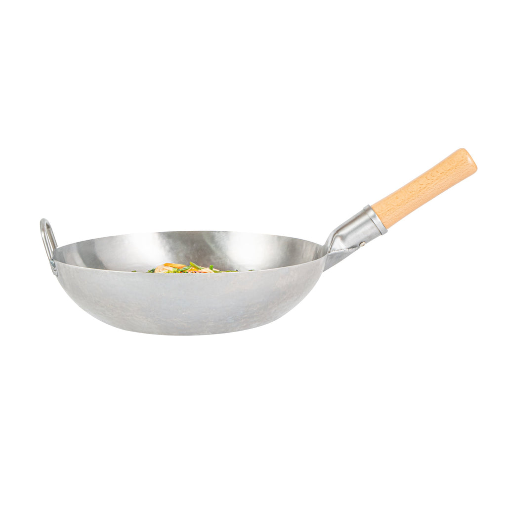 Motomori 13 1/2" Carbon Steel Flat Bottom Wok / Stir Fry Pan - Hand Hammered, with Wooden Handle - 10 count box