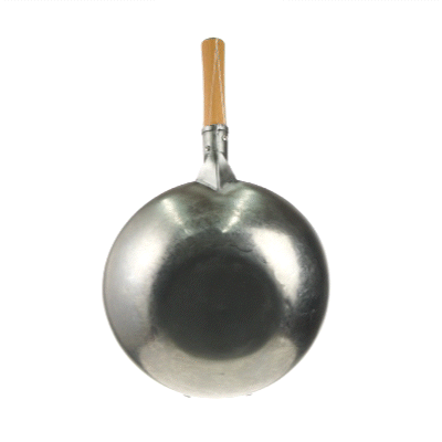 Motomori 13 1/2" Carbon Steel Flat Bottom Wok / Stir Fry Pan - Hand Hammered, with Wooden Handle - 10 count box