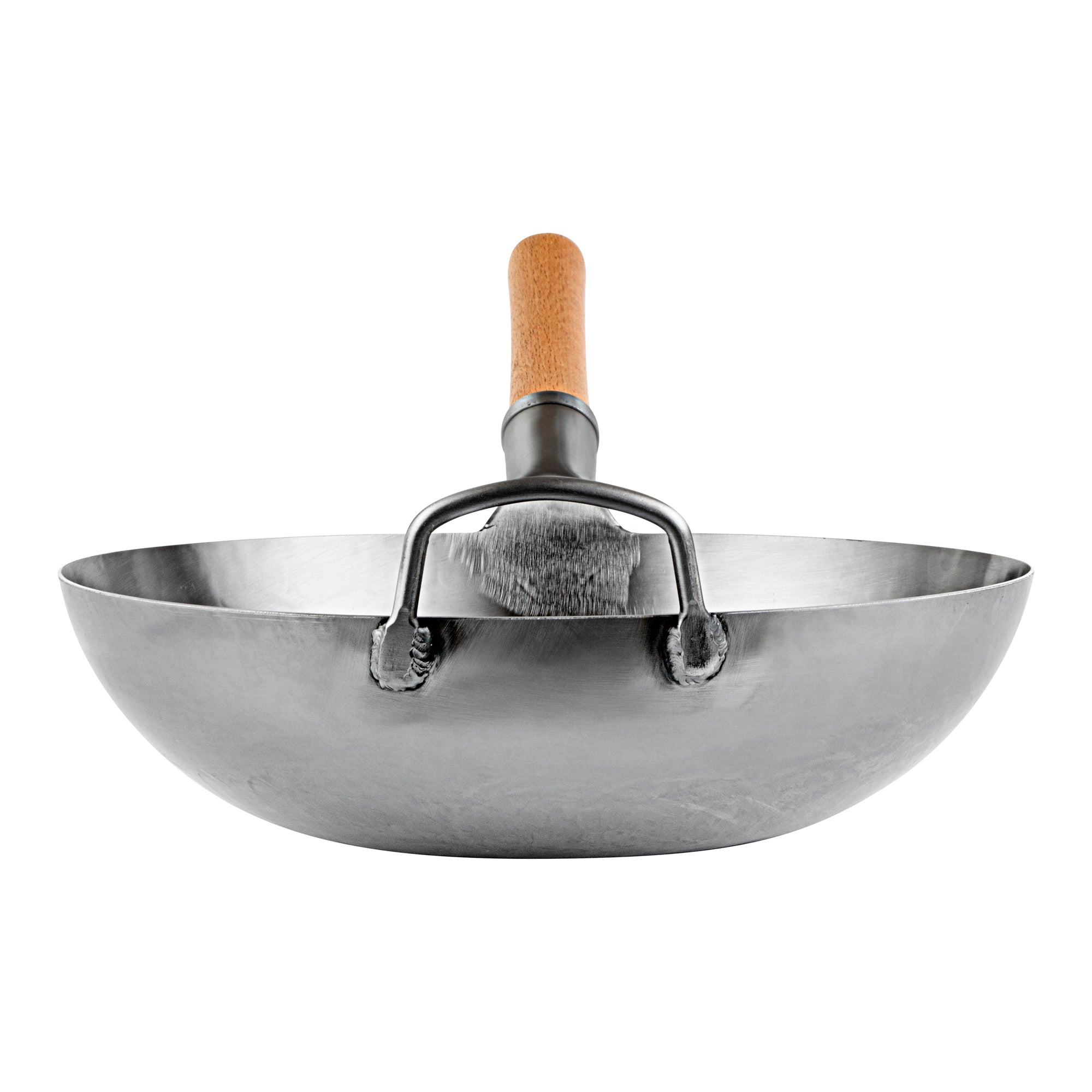 Motomori 13 1/2" Carbon Steel Flat Bottom Wok / Stir Fry Pan - Hand Hammered, with Wooden Handle - 10 count box