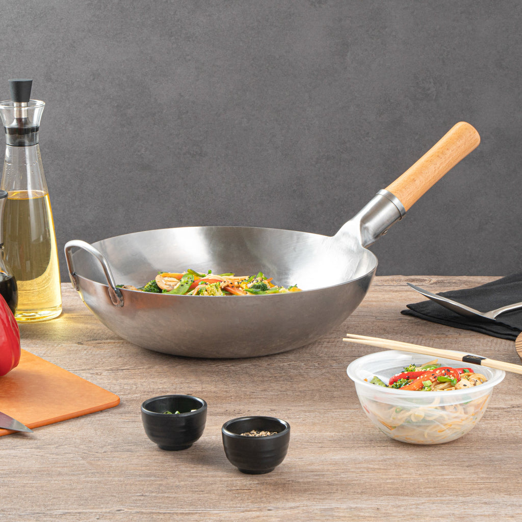 Motomori 13 1/2" Carbon Steel Flat Bottom Wok / Stir Fry Pan - Hand Hammered, with Wooden Handle - 10 count box