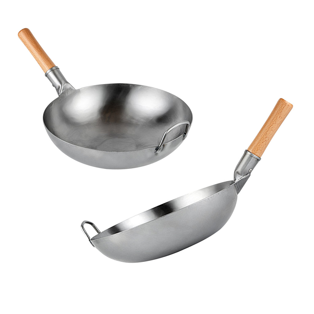 Motomori 14" Carbon Steel Flat Bottom Wok / Stir Fry Pan - Hand Hammered, with Wooden Handle - 1 count box