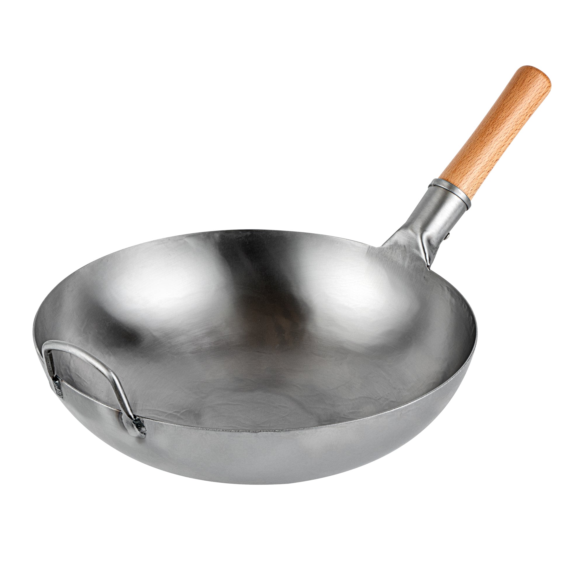 Motomori 14" Carbon Steel Flat Bottom Wok / Stir Fry Pan - Hand Hammered, with Wooden Handle - 1 count box