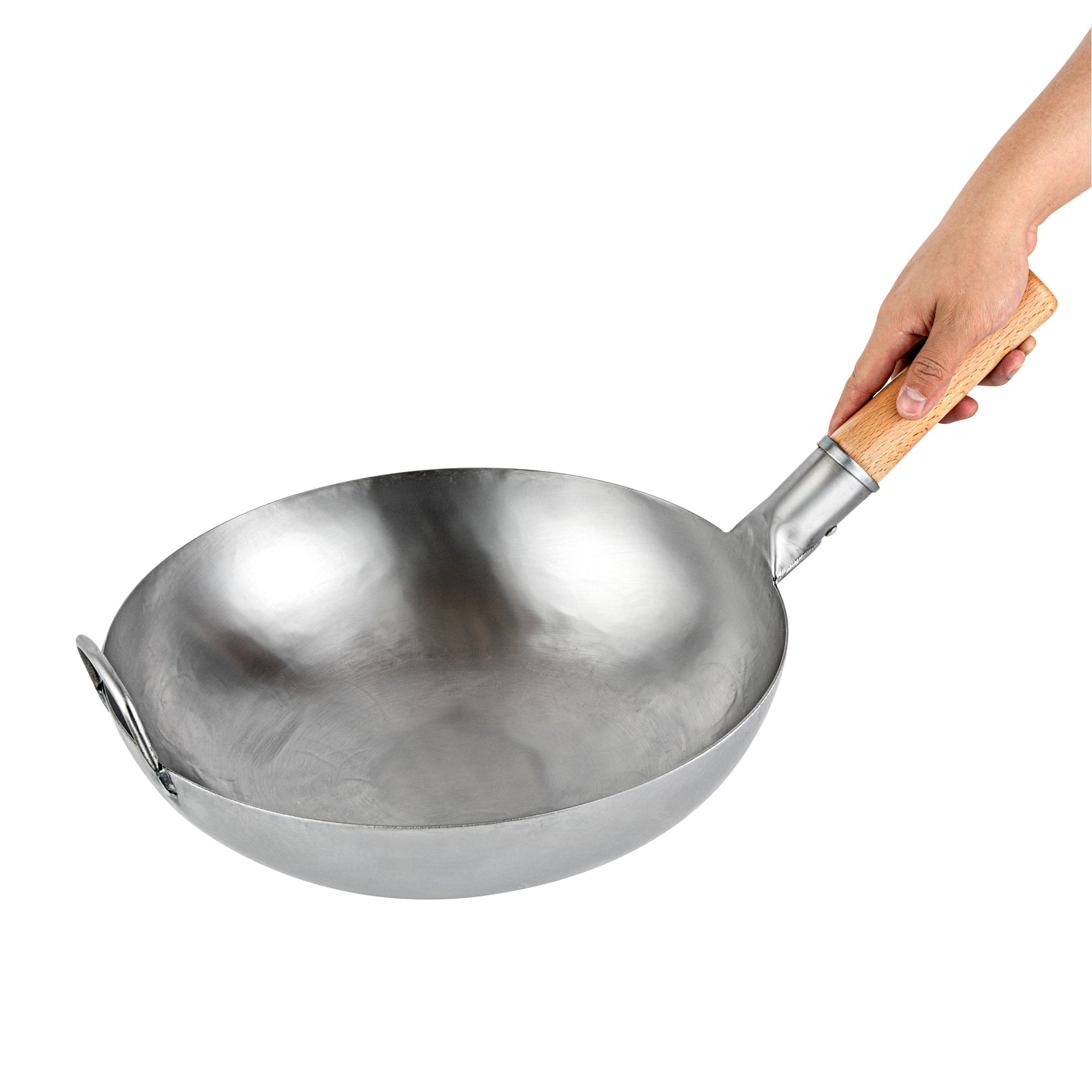 Motomori 14" Carbon Steel Flat Bottom Wok / Stir Fry Pan - Hand Hammered, with Wooden Handle - 1 count box