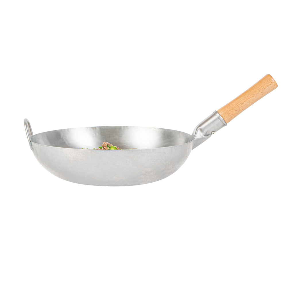 Motomori 14" Carbon Steel Flat Bottom Wok / Stir Fry Pan - Hand Hammered, with Wooden Handle - 1 count box