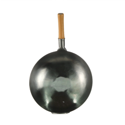 Motomori 14" Carbon Steel Flat Bottom Wok / Stir Fry Pan - Hand Hammered, with Wooden Handle - 1 count box