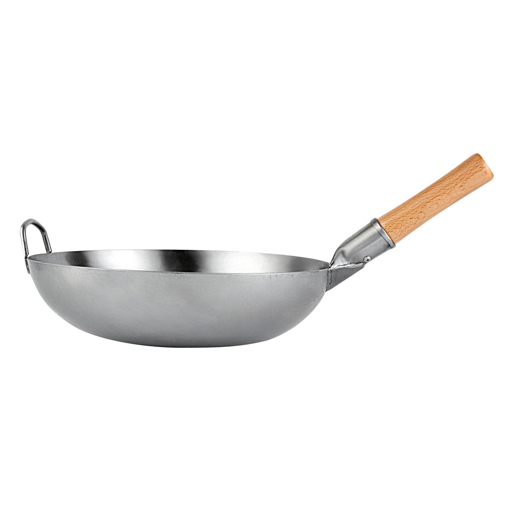 Motomori 14" Carbon Steel Flat Bottom Wok / Stir Fry Pan - Hand Hammered, with Wooden Handle - 1 count box