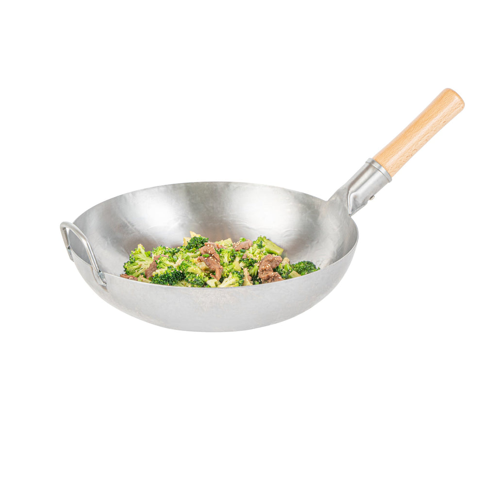 Motomori 14" Carbon Steel Flat Bottom Wok / Stir Fry Pan - Hand Hammered, with Wooden Handle - 10 count box