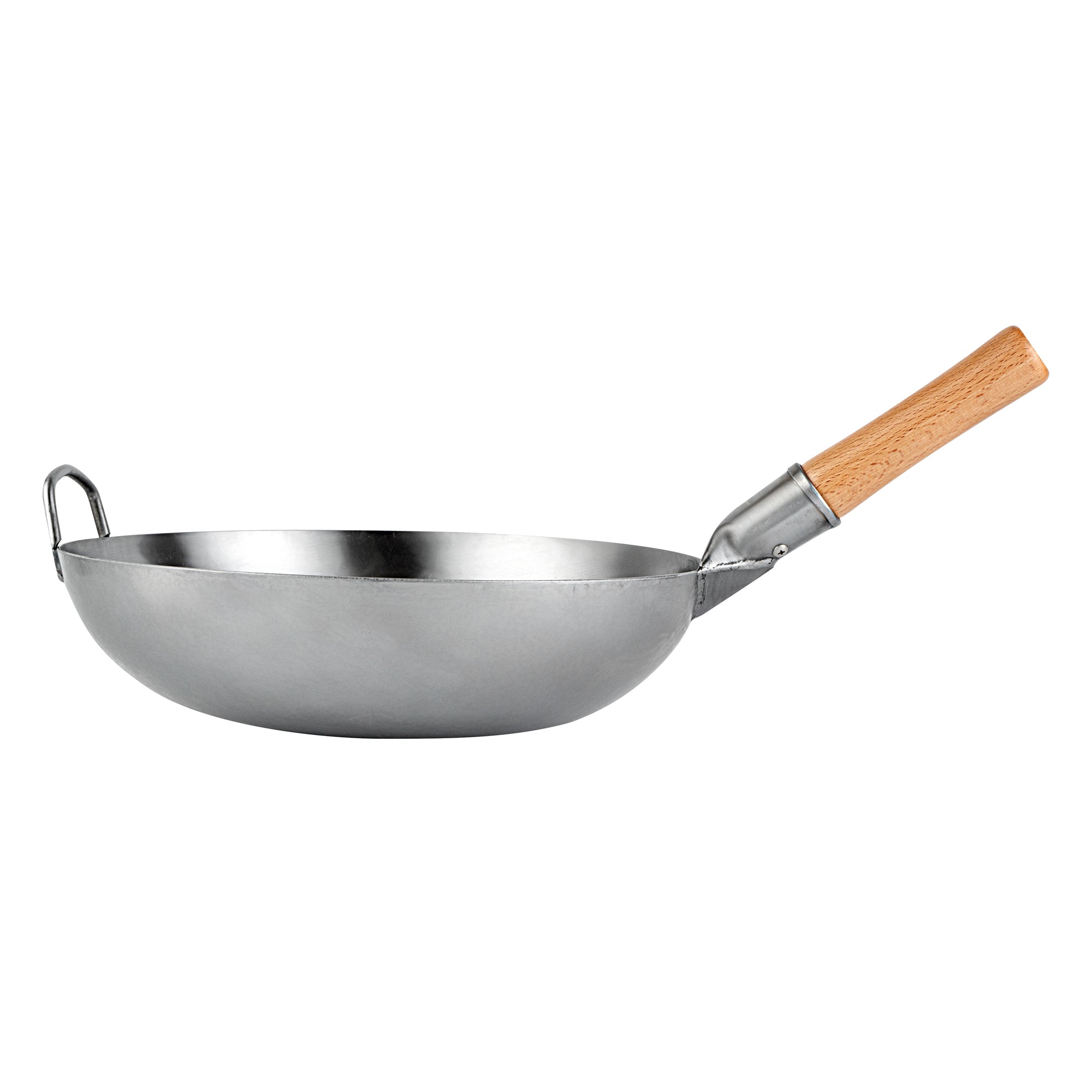 Motomori 14" Carbon Steel Flat Bottom Wok / Stir Fry Pan - Hand Hammered, with Wooden Handle - 10 count box