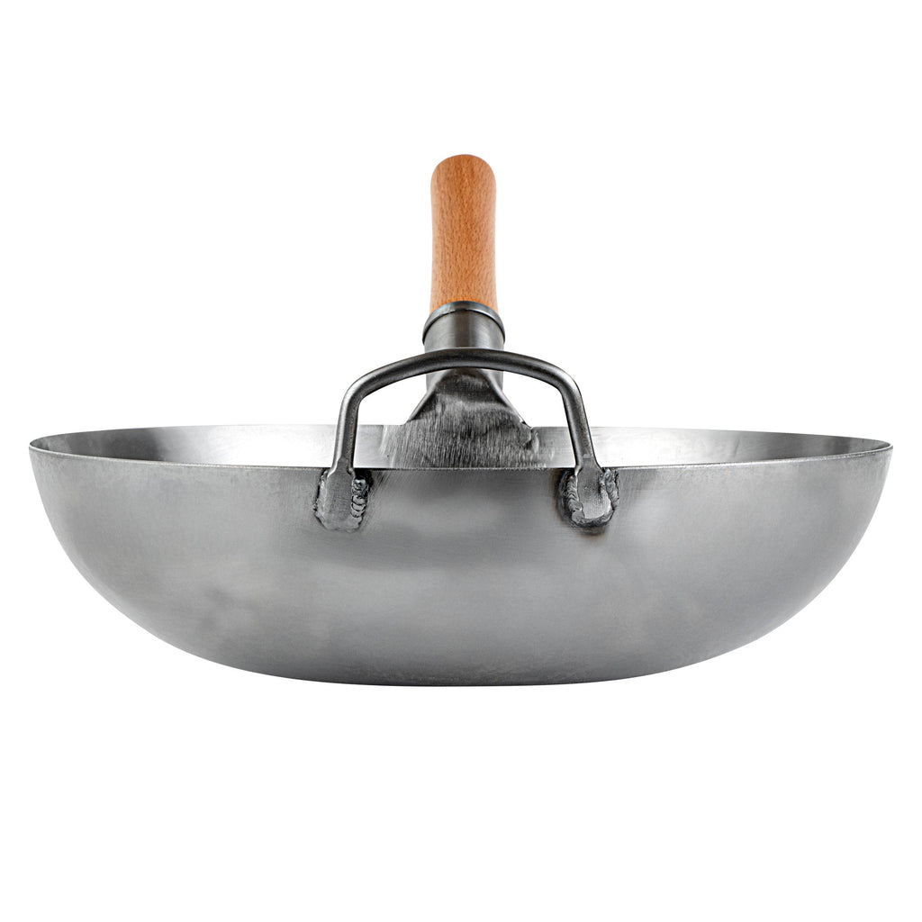 Motomori 14" Carbon Steel Flat Bottom Wok / Stir Fry Pan - Hand Hammered, with Wooden Handle - 10 count box