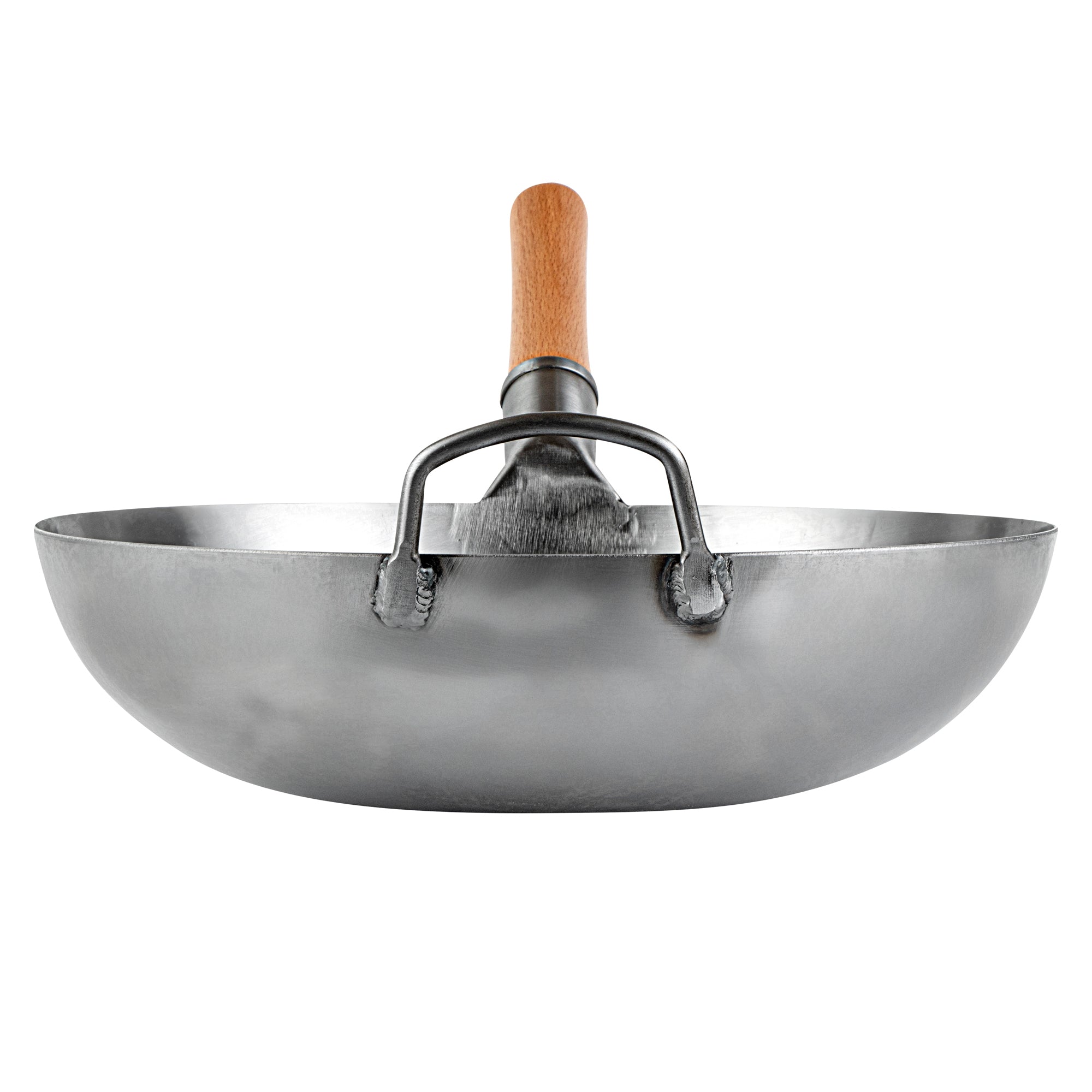 Motomori 14" Carbon Steel Flat Bottom Wok / Stir Fry Pan - Hand Hammered, with Wooden Handle - 10 count box