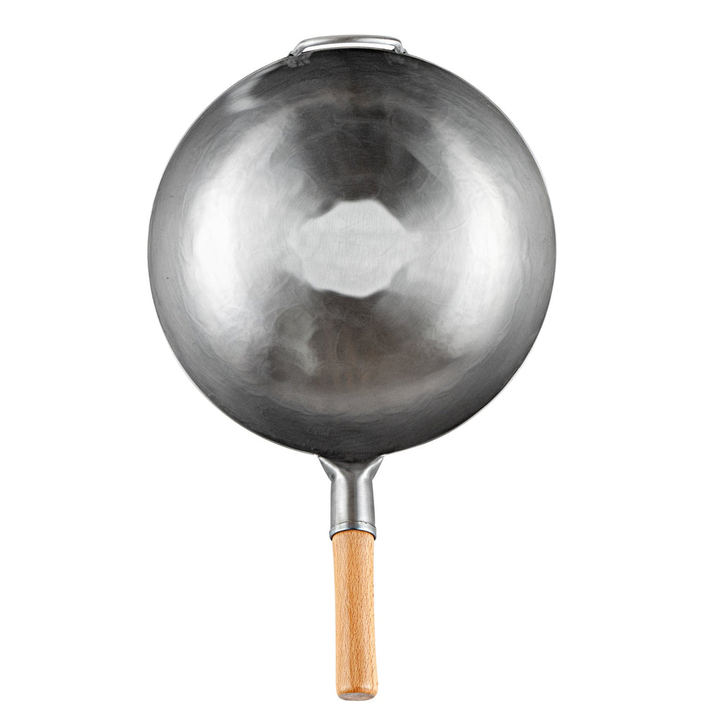 Motomori 14" Carbon Steel Flat Bottom Wok / Stir Fry Pan - Hand Hammered, with Wooden Handle - 10 count box