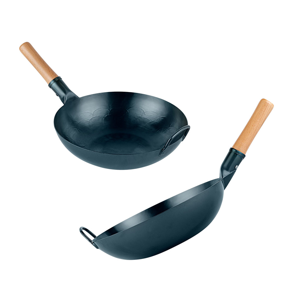Motomori 12" Blue Carbon Steel Flat Bottom Wok / Stir Fry Pan - Hand Hammered, Pre-seasoned, with Wooden Handle - 1 count box