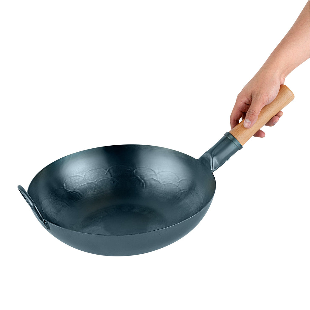 Motomori 12" Blue Carbon Steel Flat Bottom Wok / Stir Fry Pan - Hand Hammered, Pre-seasoned, with Wooden Handle - 1 count box