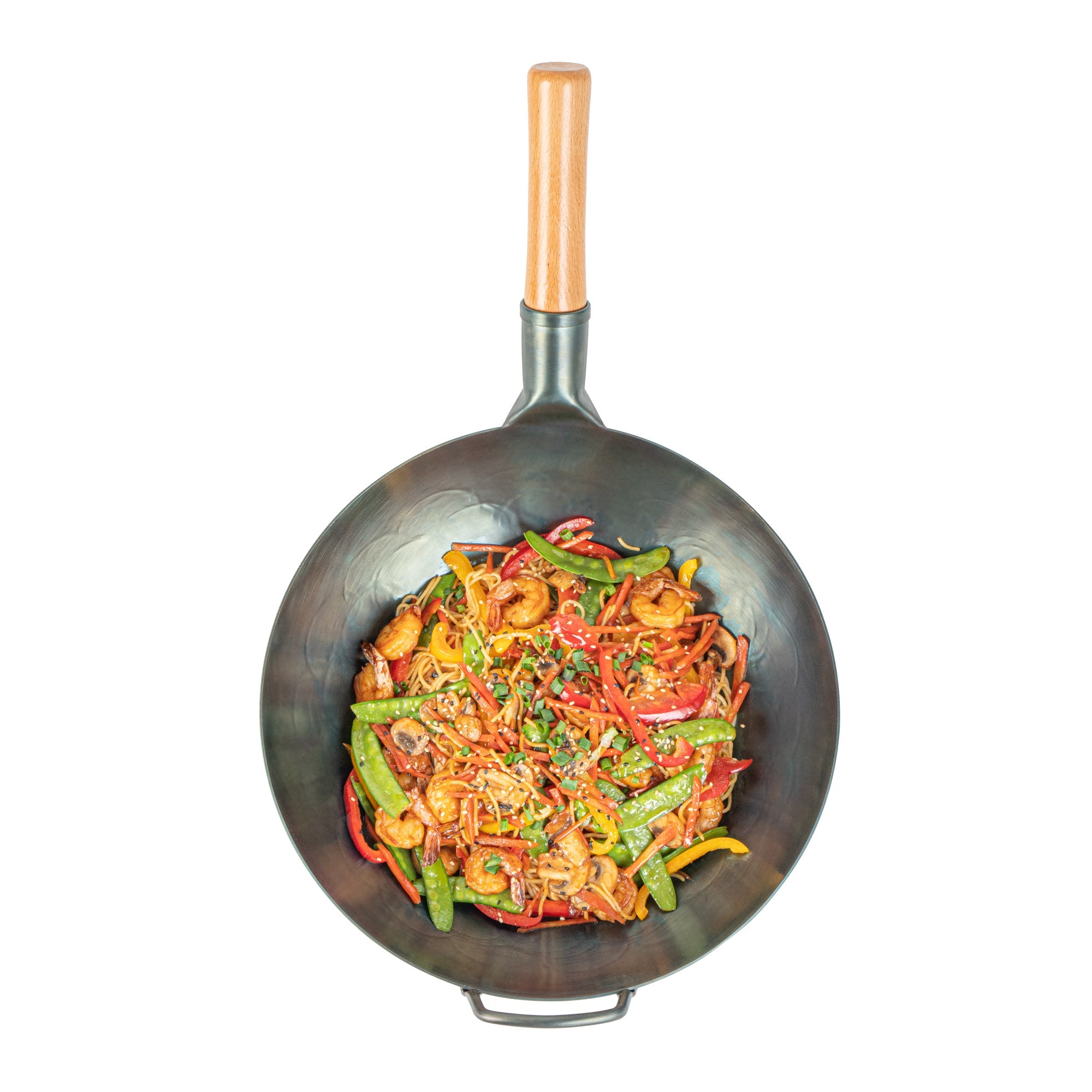 Motomori 12" Blue Carbon Steel Flat Bottom Wok / Stir Fry Pan - Hand Hammered, Pre-seasoned, with Wooden Handle - 1 count box