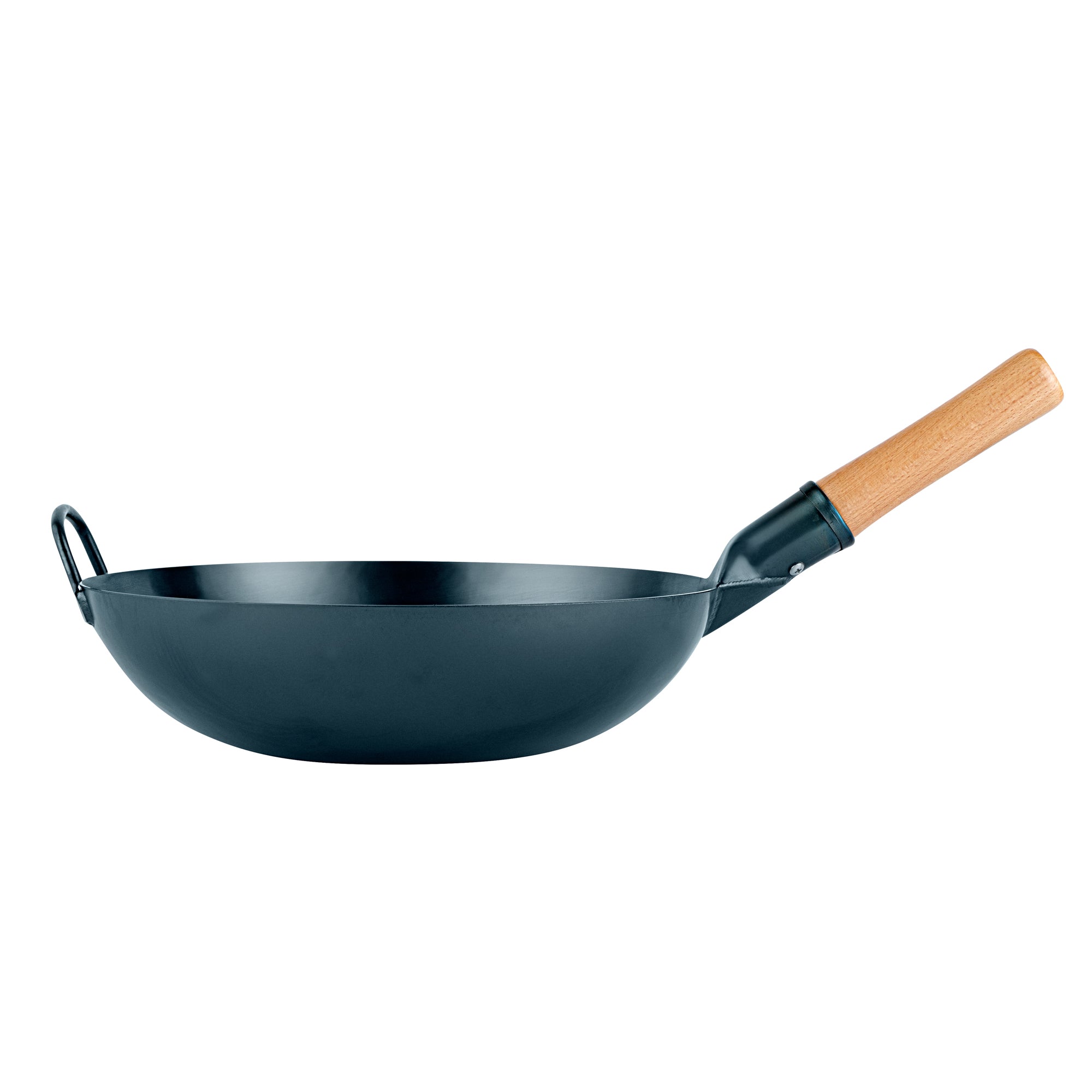 Motomori 12" Blue Carbon Steel Flat Bottom Wok / Stir Fry Pan - Hand Hammered, Pre-seasoned, with Wooden Handle - 1 count box