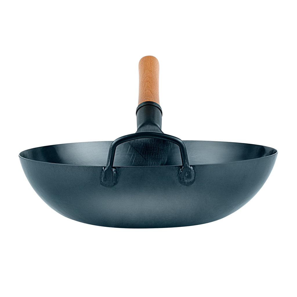 Motomori 12" Blue Carbon Steel Flat Bottom Wok / Stir Fry Pan - Hand Hammered, Pre-seasoned, with Wooden Handle - 1 count box