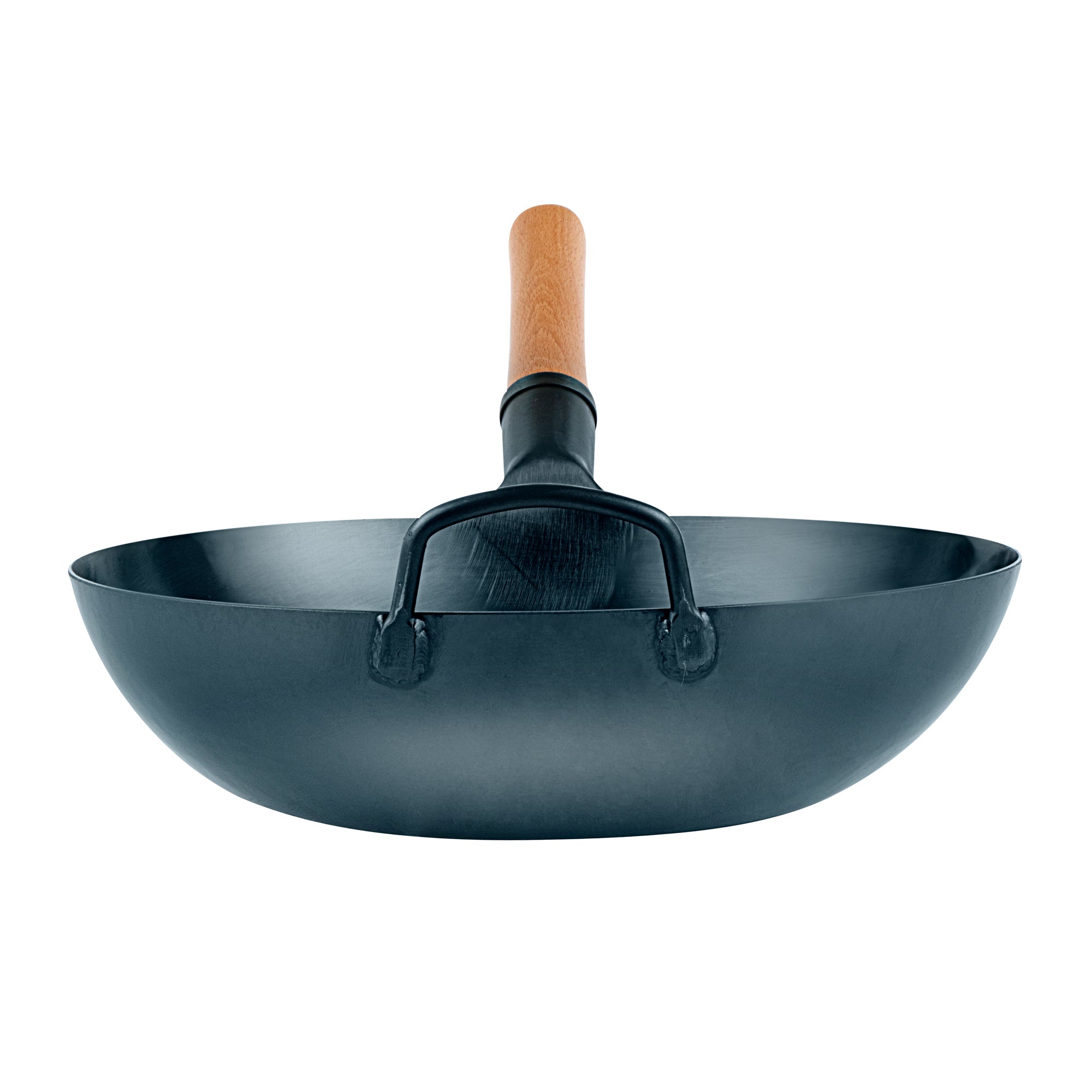 Motomori 12" Blue Carbon Steel Flat Bottom Wok / Stir Fry Pan - Hand Hammered, Pre-seasoned, with Wooden Handle - 1 count box