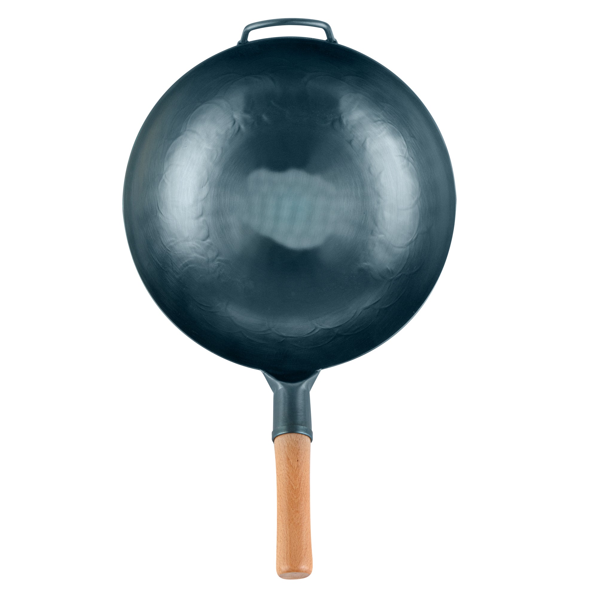 Motomori 12" Blue Carbon Steel Flat Bottom Wok / Stir Fry Pan - Hand Hammered, Pre-seasoned, with Wooden Handle - 1 count box