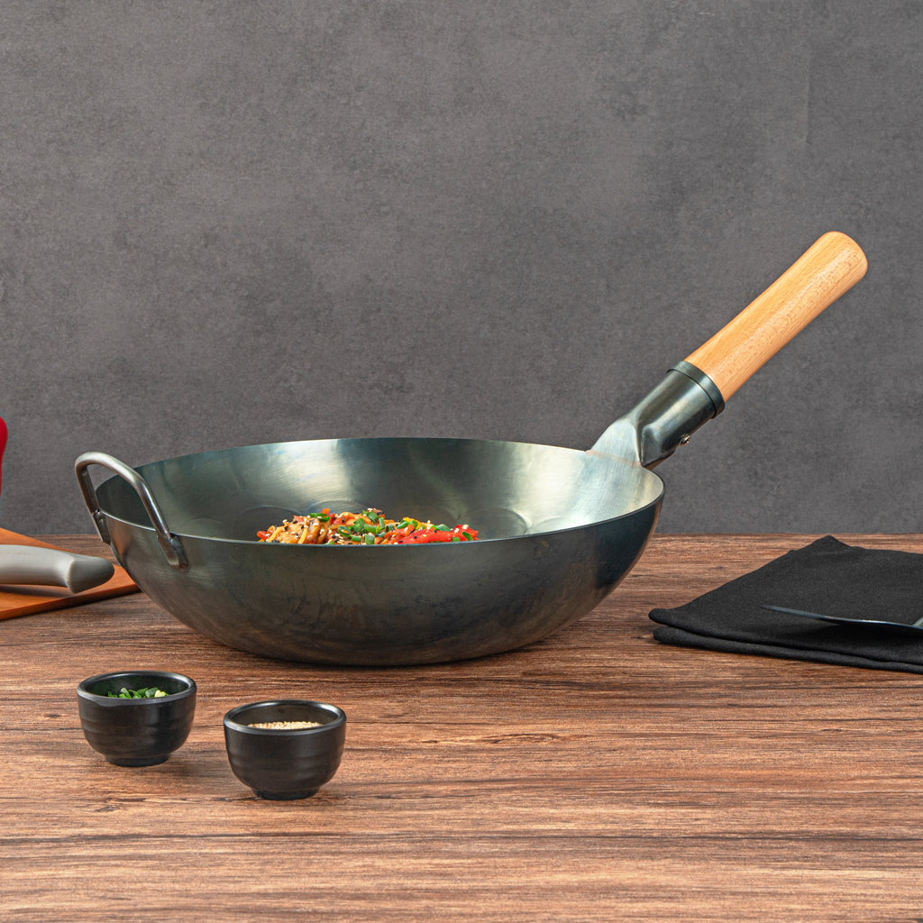 Motomori 12" Blue Carbon Steel Flat Bottom Wok / Stir Fry Pan - Hand Hammered, Pre-seasoned, with Wooden Handle - 1 count box