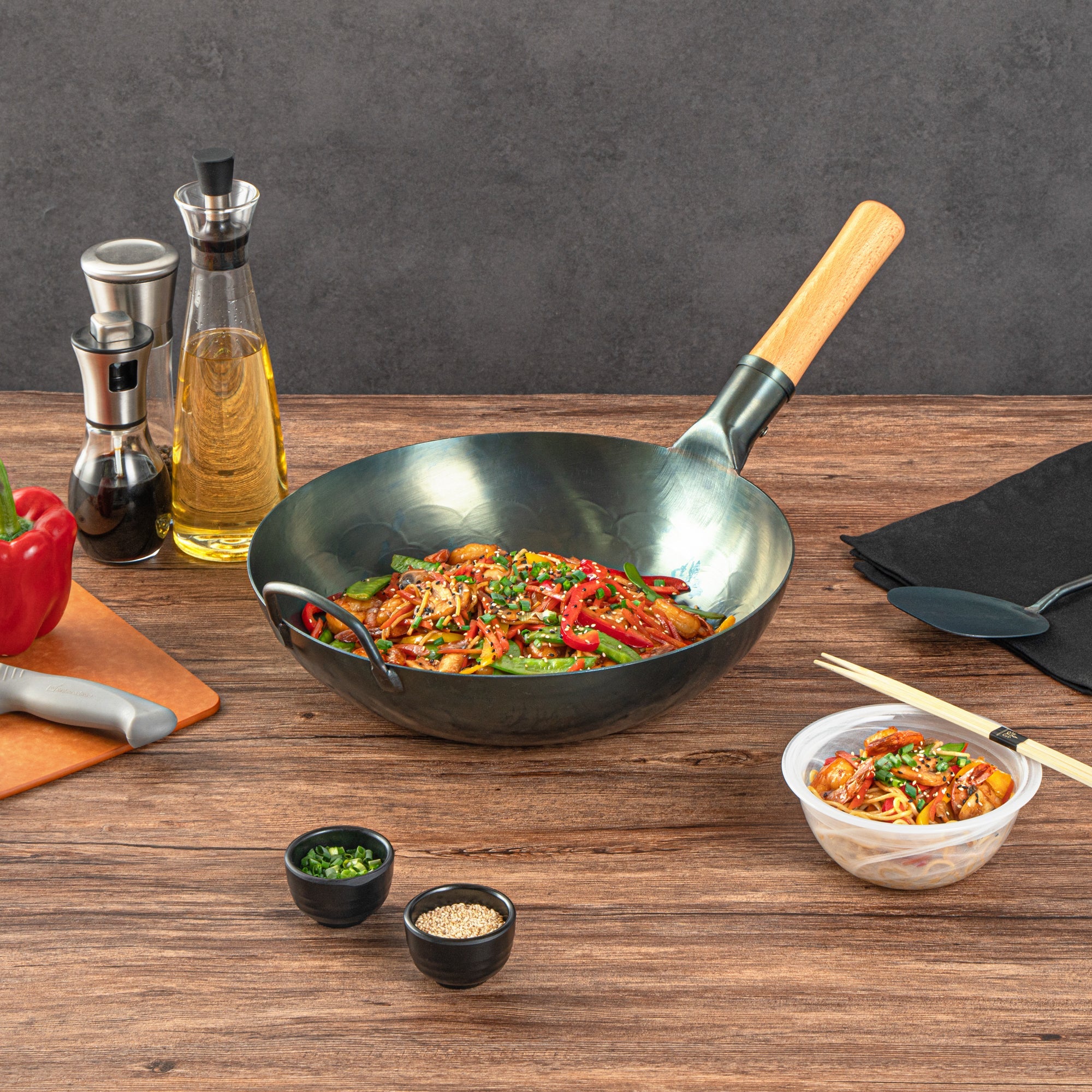 Motomori 12" Blue Carbon Steel Flat Bottom Wok / Stir Fry Pan - Hand Hammered, Pre-seasoned, with Wooden Handle - 10 count box