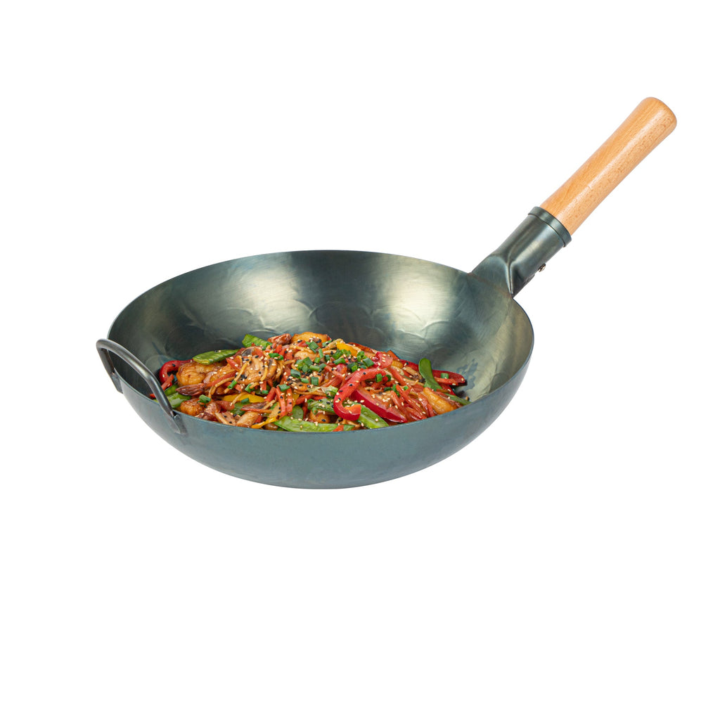Motomori 12" Blue Carbon Steel Flat Bottom Wok / Stir Fry Pan - Hand Hammered, Pre-seasoned, with Wooden Handle - 10 count box