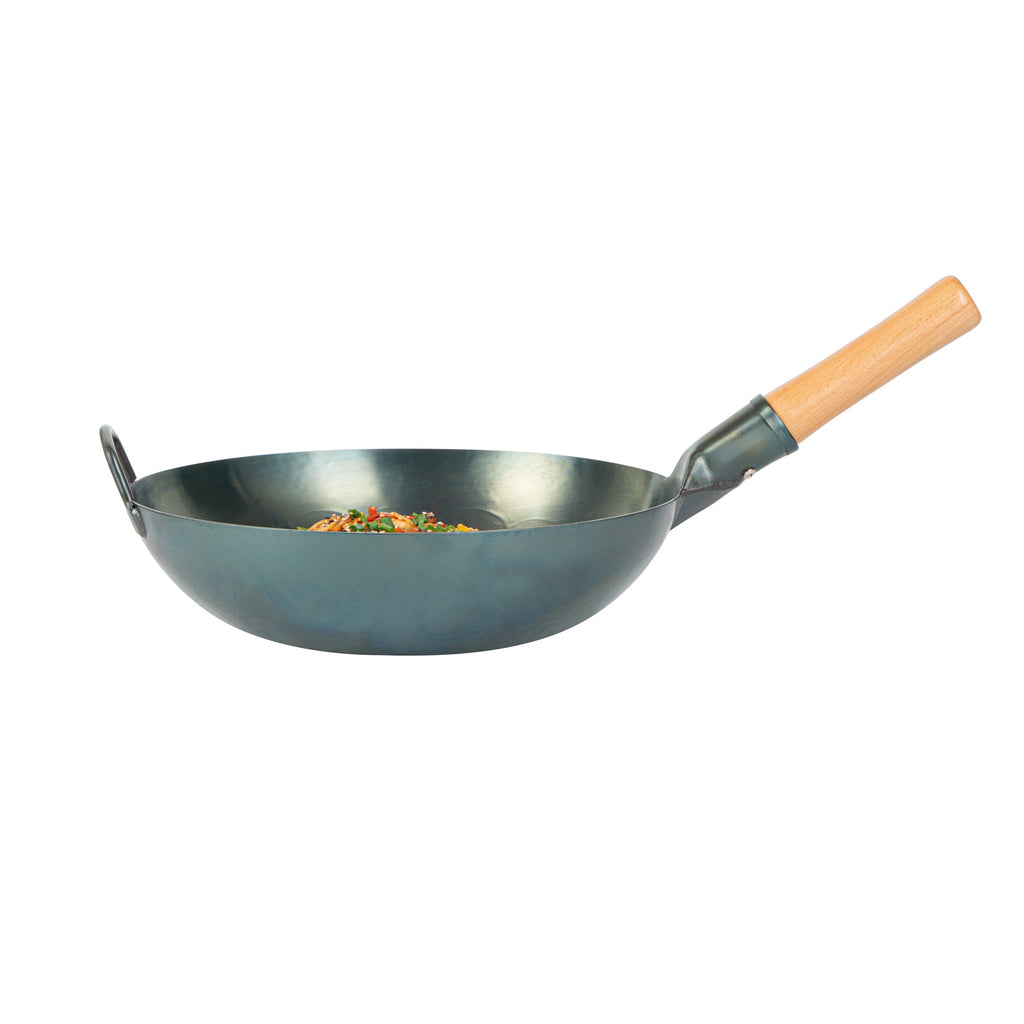 Motomori 12" Blue Carbon Steel Flat Bottom Wok / Stir Fry Pan - Hand Hammered, Pre-seasoned, with Wooden Handle - 10 count box