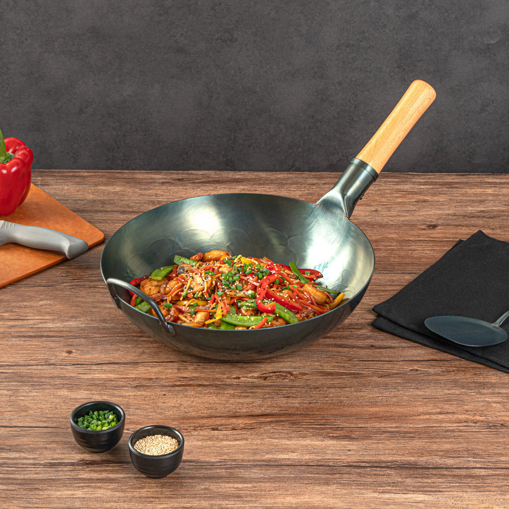 Motomori 12" Blue Carbon Steel Flat Bottom Wok / Stir Fry Pan - Hand Hammered, Pre-seasoned, with Wooden Handle - 10 count box