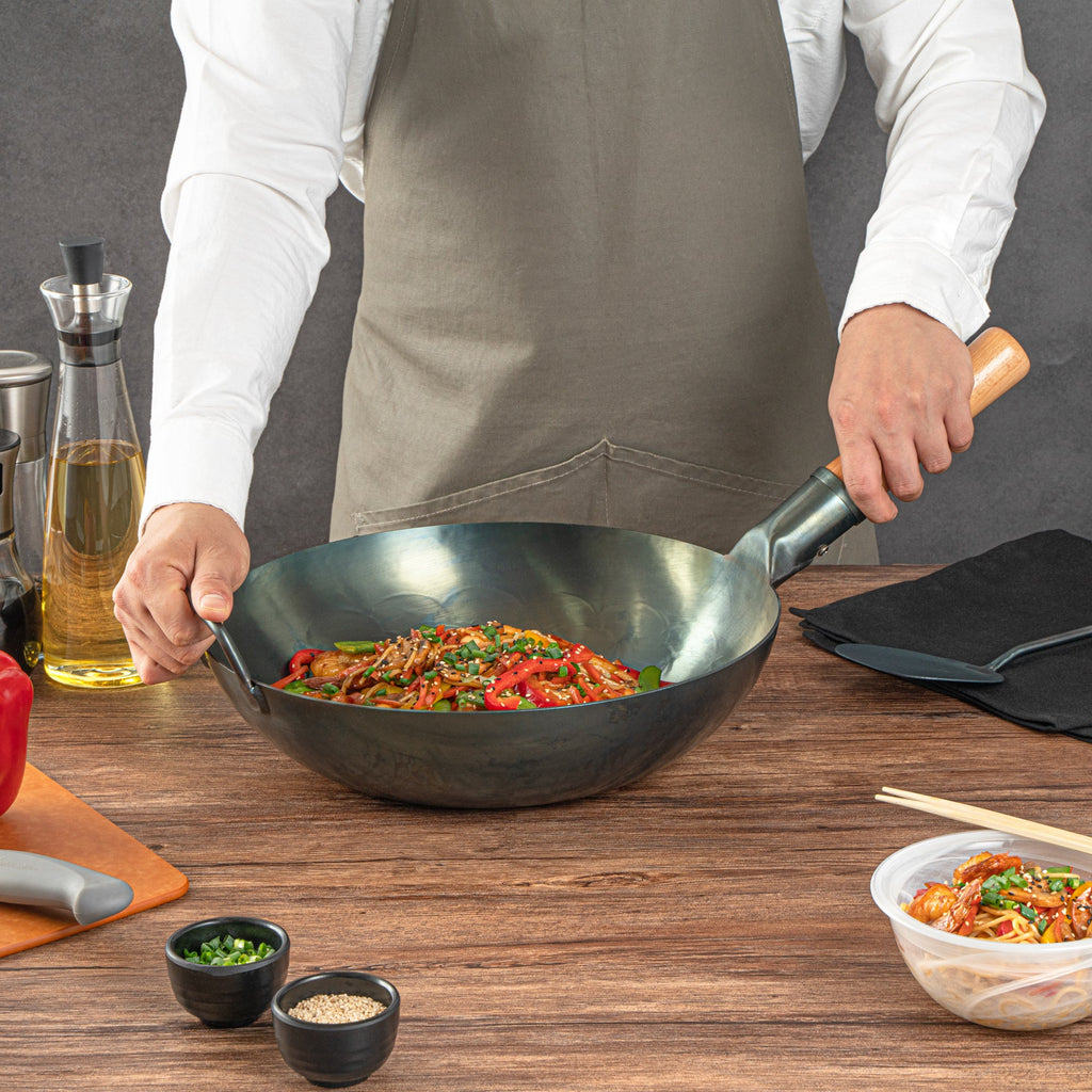 Motomori 12" Blue Carbon Steel Flat Bottom Wok / Stir Fry Pan - Hand Hammered, Pre-seasoned, with Wooden Handle - 10 count box