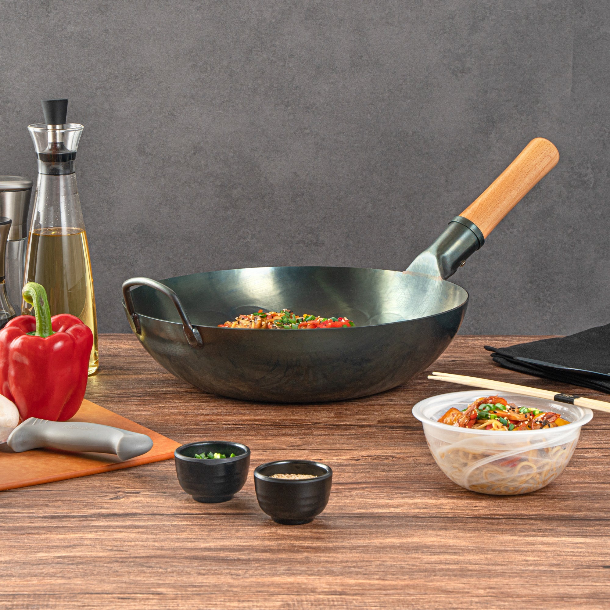 Motomori 12" Blue Carbon Steel Flat Bottom Wok / Stir Fry Pan - Hand Hammered, Pre-seasoned, with Wooden Handle - 10 count box