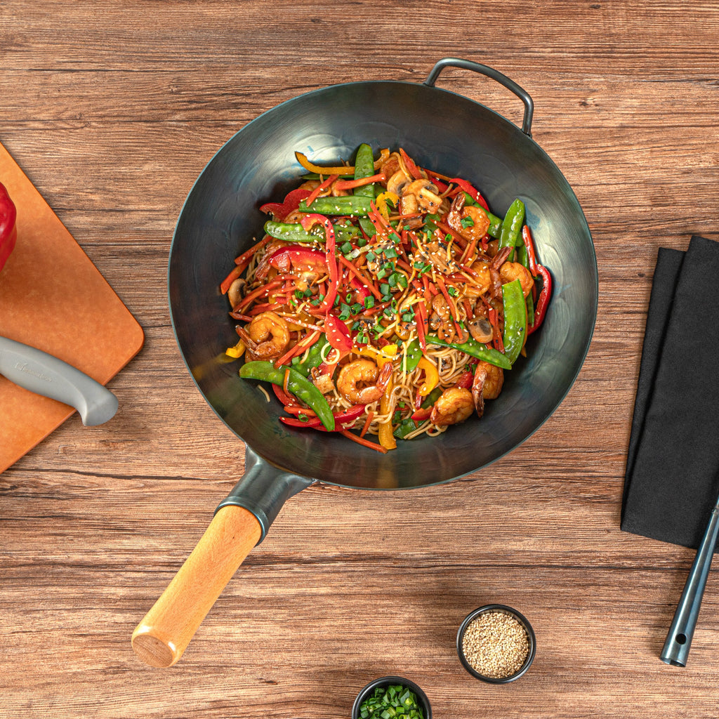 Motomori 12" Blue Carbon Steel Flat Bottom Wok / Stir Fry Pan - Hand Hammered, Pre-seasoned, with Wooden Handle - 10 count box