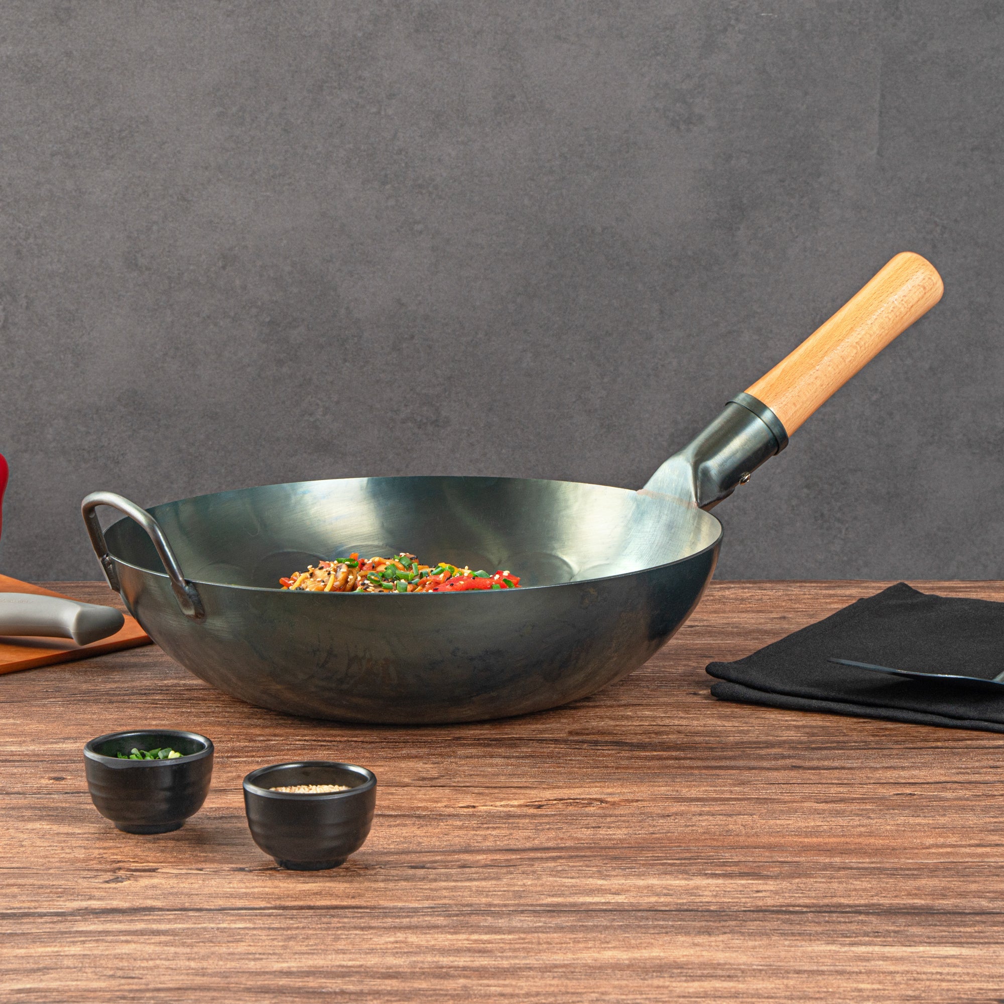 Motomori 12" Blue Carbon Steel Flat Bottom Wok / Stir Fry Pan - Hand Hammered, Pre-seasoned, with Wooden Handle - 10 count box