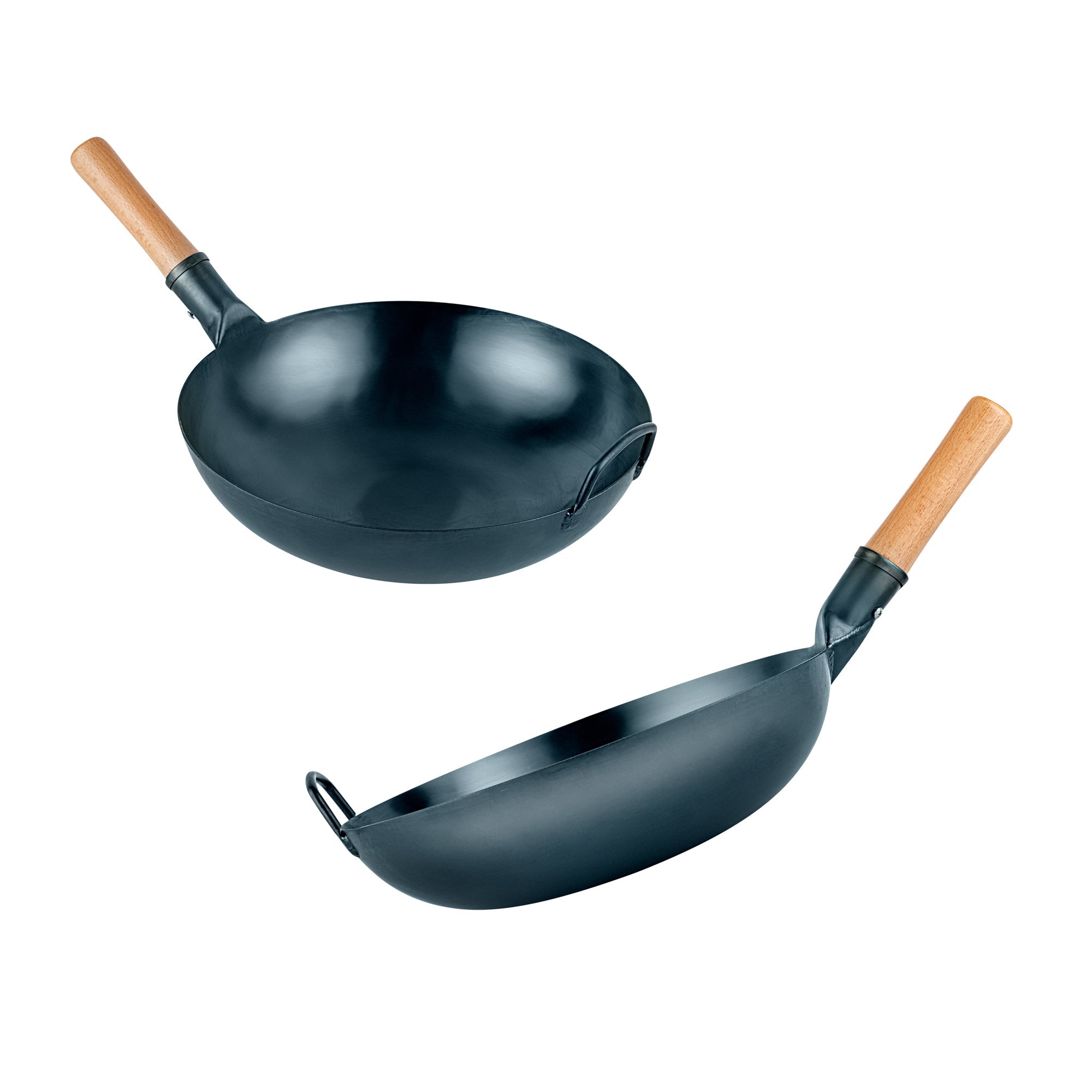 Motomori 14" Blue Carbon Steel Flat Bottom Wok / Stir Fry Pan - Hand Hammered, Pre-seasoned, with Wooden Handle - 1 count box