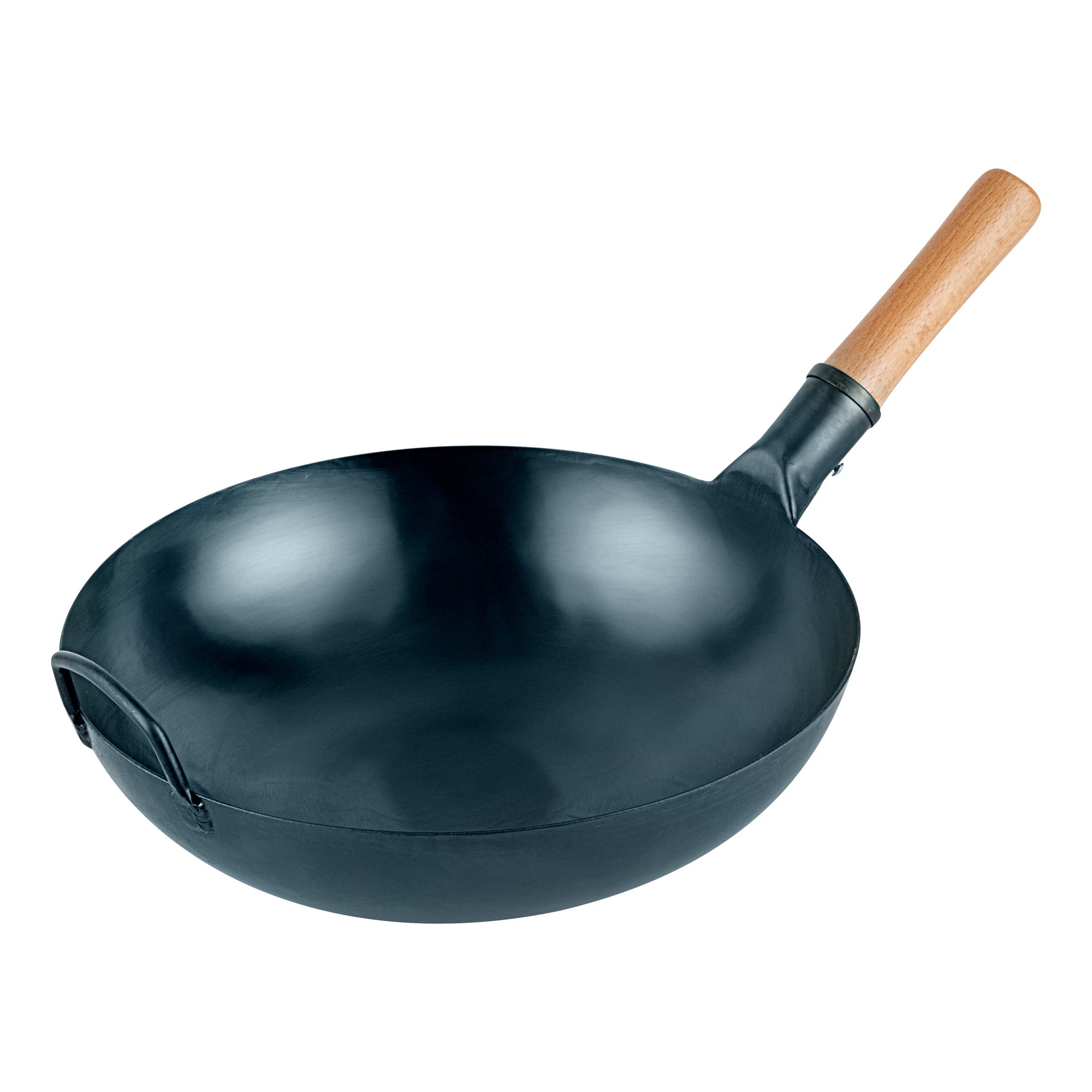 Motomori 14" Blue Carbon Steel Flat Bottom Wok / Stir Fry Pan - Hand Hammered, Pre-seasoned, with Wooden Handle - 1 count box