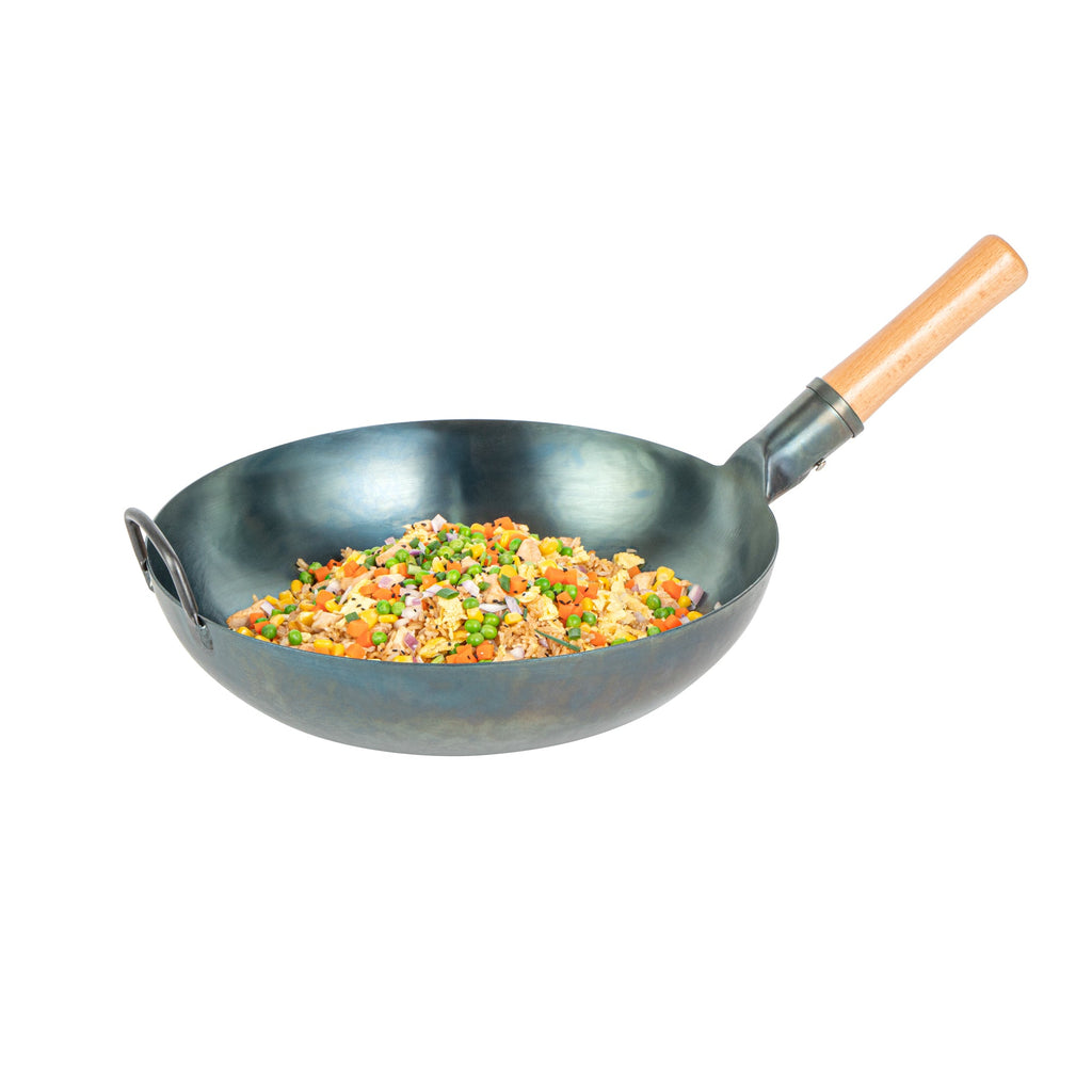 Motomori 14" Blue Carbon Steel Flat Bottom Wok / Stir Fry Pan - Hand Hammered, Pre-seasoned, with Wooden Handle - 1 count box