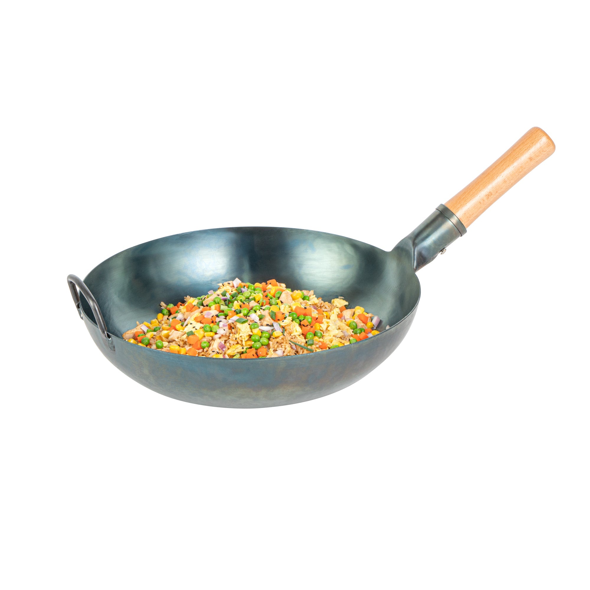 Motomori 14" Blue Carbon Steel Flat Bottom Wok / Stir Fry Pan - Hand Hammered, Pre-seasoned, with Wooden Handle - 1 count box