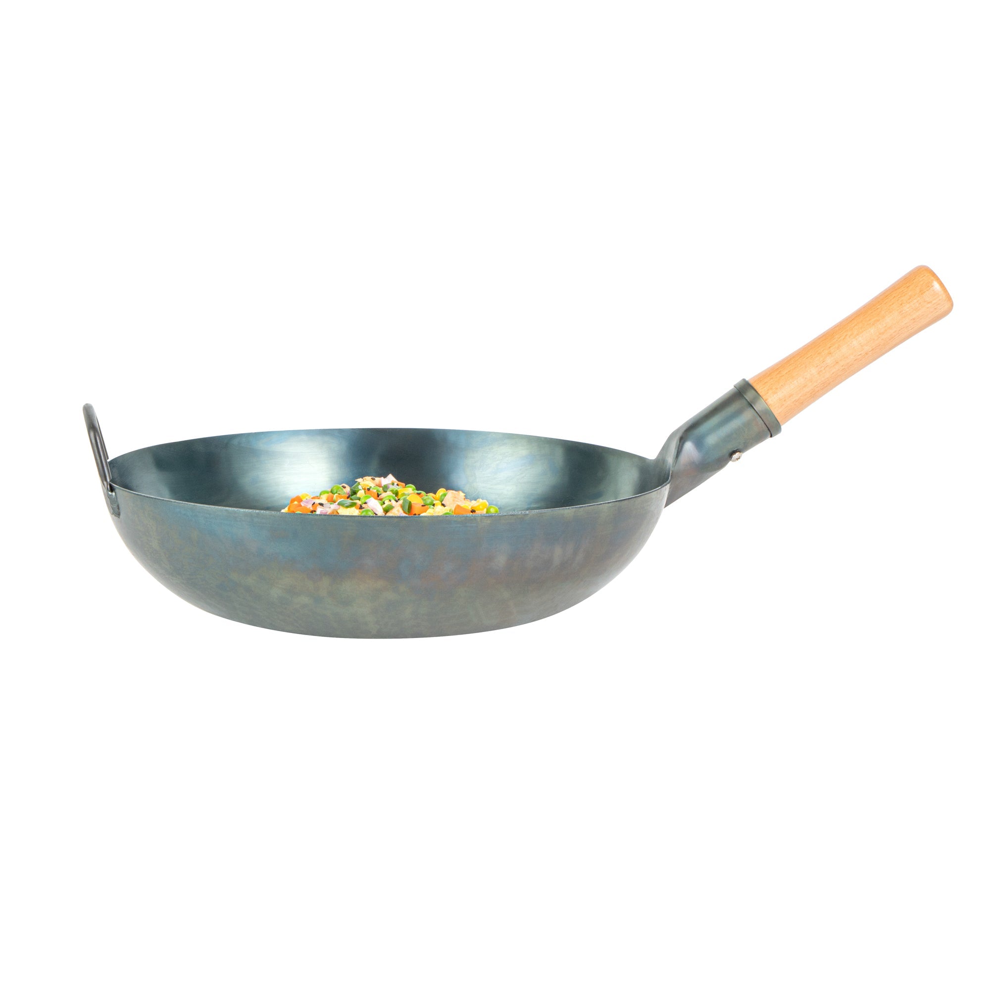 Motomori 14" Blue Carbon Steel Flat Bottom Wok / Stir Fry Pan - Hand Hammered, Pre-seasoned, with Wooden Handle - 1 count box