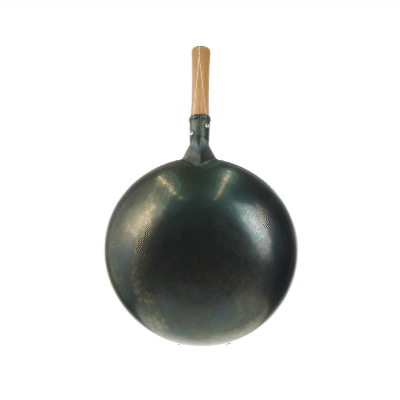 Motomori 14" Blue Carbon Steel Flat Bottom Wok / Stir Fry Pan - Hand Hammered, Pre-seasoned, with Wooden Handle - 1 count box