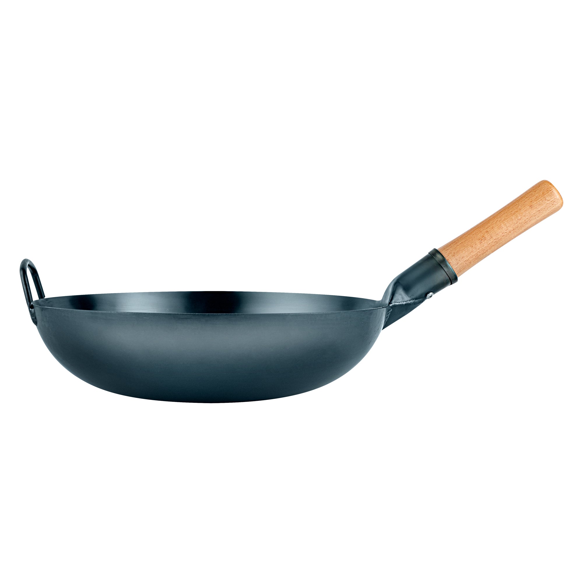 Motomori 14" Blue Carbon Steel Flat Bottom Wok / Stir Fry Pan - Hand Hammered, Pre-seasoned, with Wooden Handle - 1 count box