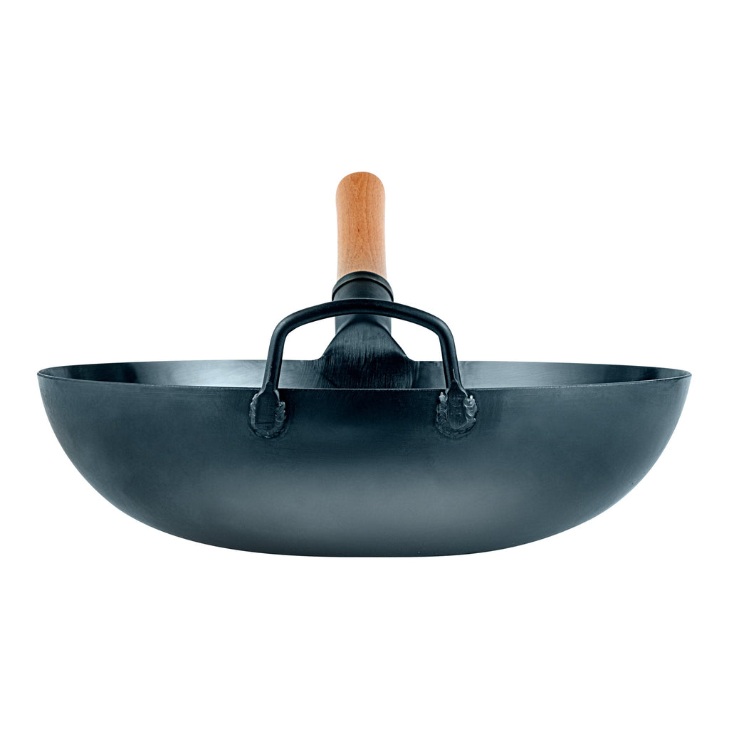 Motomori 14" Blue Carbon Steel Flat Bottom Wok / Stir Fry Pan - Hand Hammered, Pre-seasoned, with Wooden Handle - 1 count box