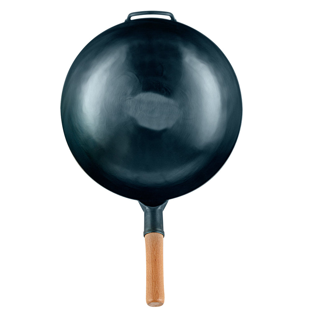 Motomori 14" Blue Carbon Steel Flat Bottom Wok / Stir Fry Pan - Hand Hammered, Pre-seasoned, with Wooden Handle - 1 count box