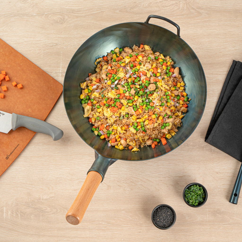 Motomori 14" Blue Carbon Steel Flat Bottom Wok / Stir Fry Pan - Hand Hammered, Pre-seasoned, with Wooden Handle - 1 count box