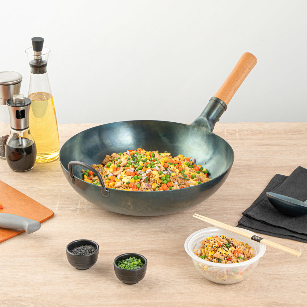 Motomori 14" Blue Carbon Steel Flat Bottom Wok / Stir Fry Pan - Hand Hammered, Pre-seasoned, with Wooden Handle - 10 count box