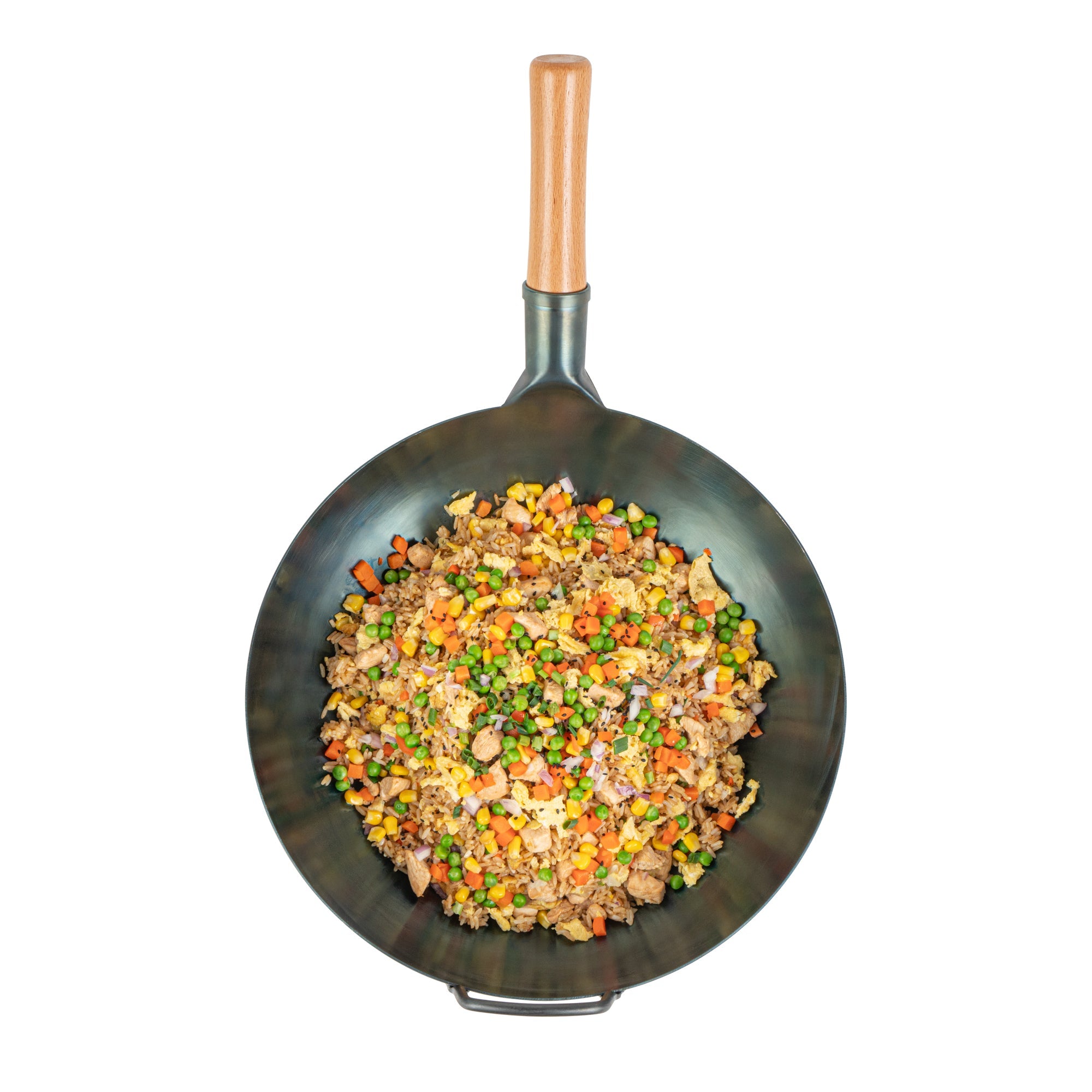 Motomori 14" Blue Carbon Steel Flat Bottom Wok / Stir Fry Pan - Hand Hammered, Pre-seasoned, with Wooden Handle - 10 count box