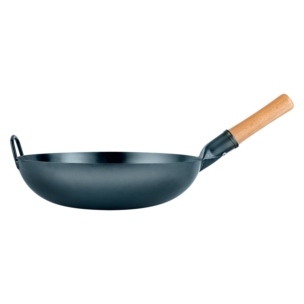Motomori 14" Blue Carbon Steel Flat Bottom Wok / Stir Fry Pan - Hand Hammered, Pre-seasoned, with Wooden Handle - 10 count box
